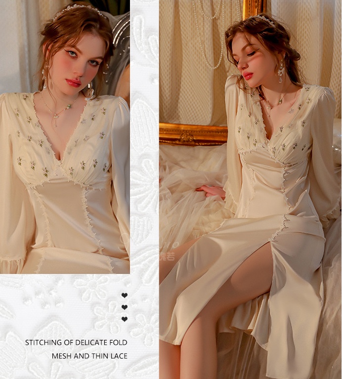 Long sleeve woman embroidered ice silk suspenders breast padded sleeping dress